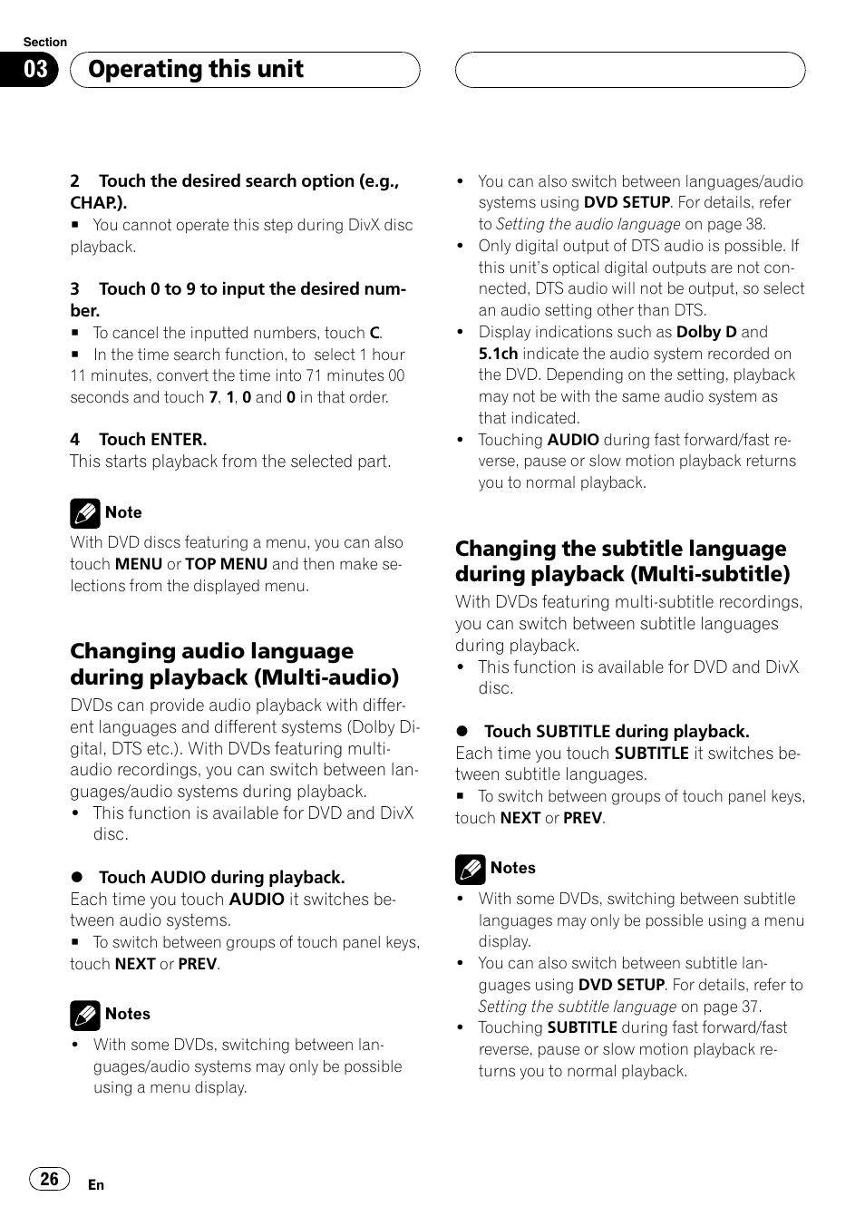 Changing audio language during, Playback (multi-audio), Changing the subtitle language during | Playback (multi-subtitle), Operating this unit | Pioneer AVH-P5900D User Manual | Page 26 / 106