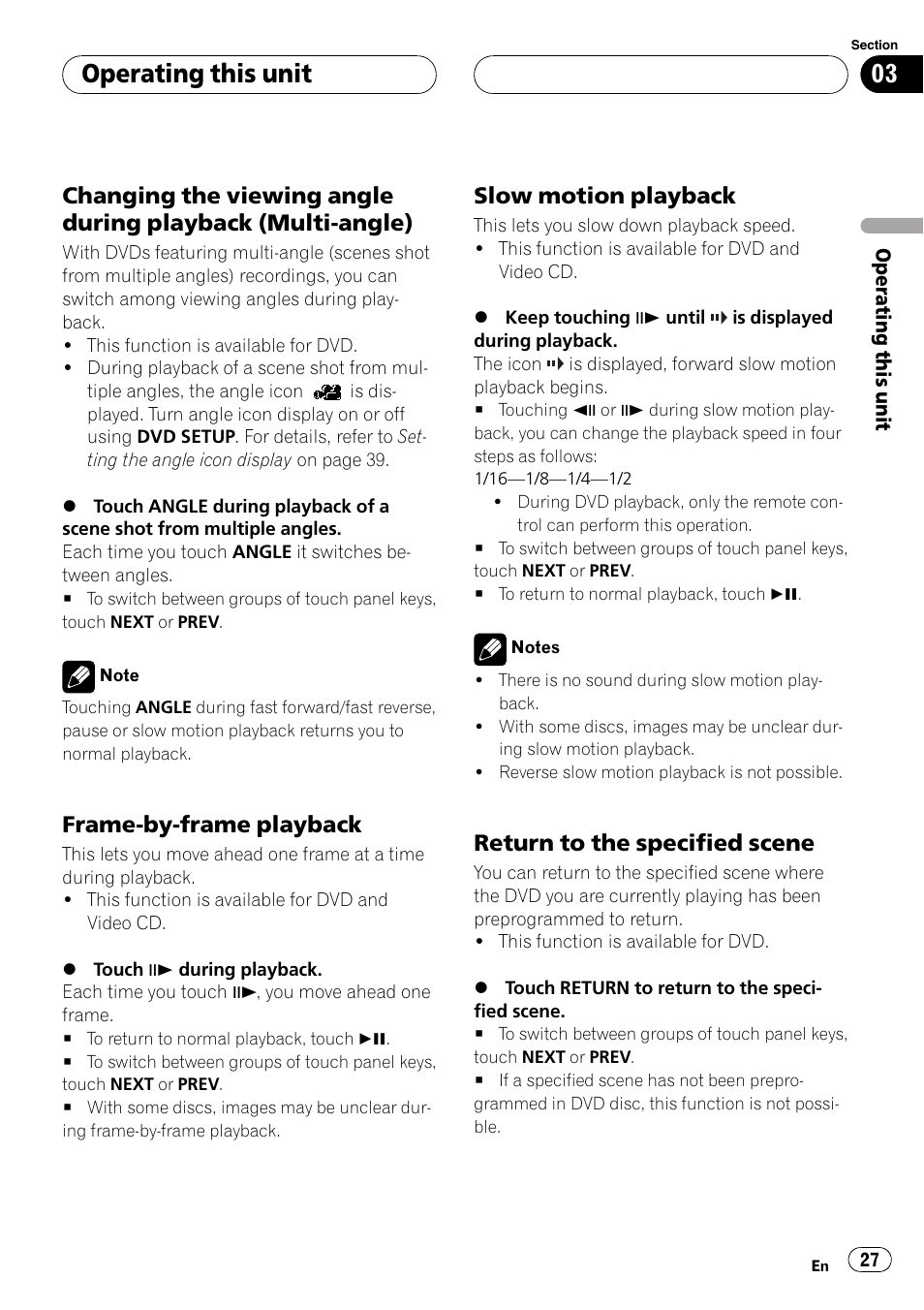 Changing the viewing angle during, Playback (multi-angle), Frame-by-frame playback 27 | Slow motion playback 27, Return to the specified scene 27, Operating this unit, Frame-by-frame playback, Slow motion playback, Return to the specified scene | Pioneer AVH-P5900D User Manual | Page 27 / 106