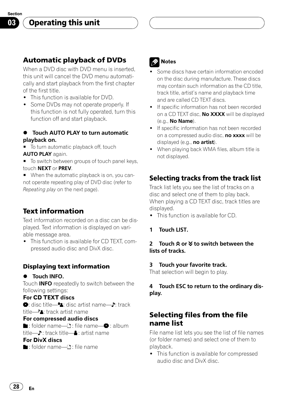Automatic playback of dvds 28, Text information 28, Selecting tracks from the track list 28 | Selecting files from the file name, List, Operating this unit, Automatic playback of dvds, Text information, Selecting tracks from the track list, Selecting files from the file name list | Pioneer AVH-P5900D User Manual | Page 28 / 106