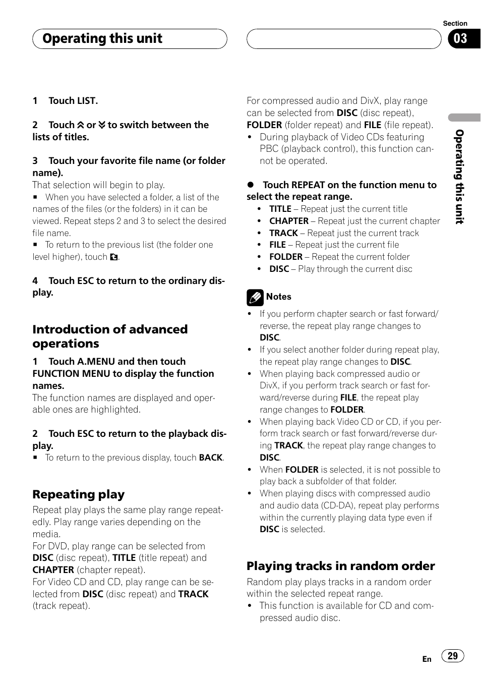 Introduction of advanced, Operations, Repeating play 29 | Playing tracks in random order 29, Operating this unit, Introduction of advanced operations, Repeating play, Playing tracks in random order | Pioneer AVH-P5900D User Manual | Page 29 / 106