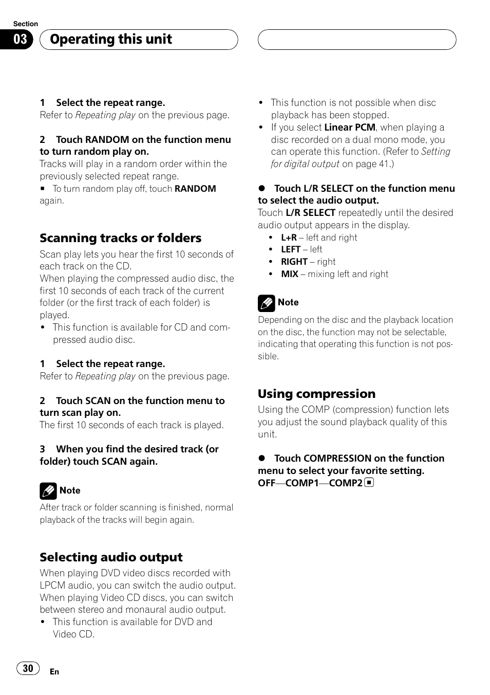 Scanning tracks or folders 30, Selecting audio output 30, Using compression 30 | Operating this unit, Scanning tracks or folders, Selecting audio output, Using compression | Pioneer AVH-P5900D User Manual | Page 30 / 106