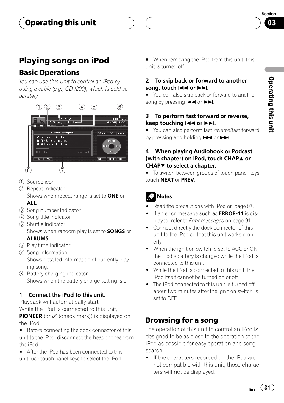 Playing songs on ipod, Basic operations 31, Browsing for a song 31 | Operating this unit | Pioneer AVH-P5900D User Manual | Page 31 / 106