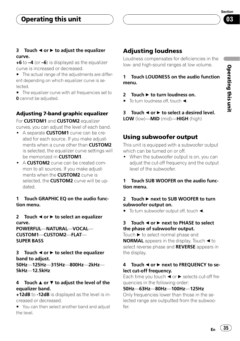 Adjusting loudness 35, Using subwoofer output 35, Operating this unit | Adjusting loudness, Using subwoofer output | Pioneer AVH-P5900D User Manual | Page 35 / 106