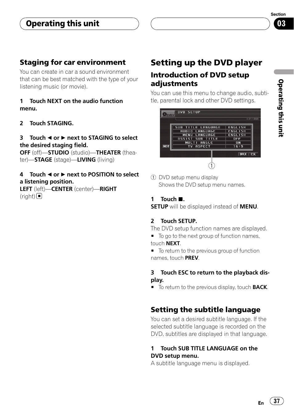 Staging for car environment 37, Setting up the dvd player, Introduction of dvd setup | Adjustments, Setting the subtitle language 37, Operating this unit | Pioneer AVH-P5900D User Manual | Page 37 / 106