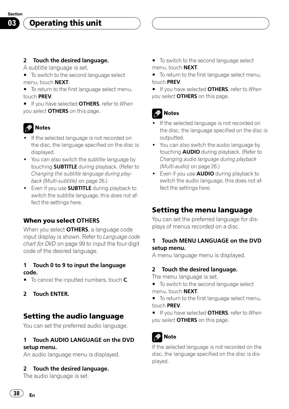 Setting the audio language 38, Setting the menu language 38, Operating this unit | Setting the audio language, Setting the menu language | Pioneer AVH-P5900D User Manual | Page 38 / 106