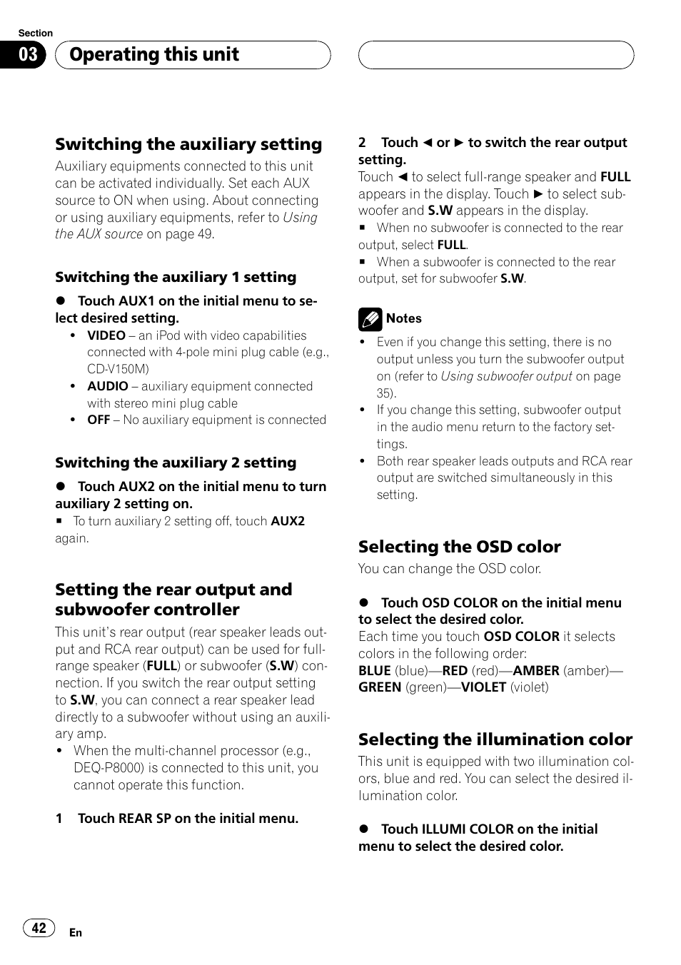 Switching the auxiliary setting 42, Setting the rear output and subwoofer, Controller | Selecting the osd color 42, Selecting the illumination color 42, Switching the, Operating this unit, Switching the auxiliary setting, Setting the rear output and subwoofer controller, Selecting the osd color | Pioneer AVH-P5900D User Manual | Page 42 / 106
