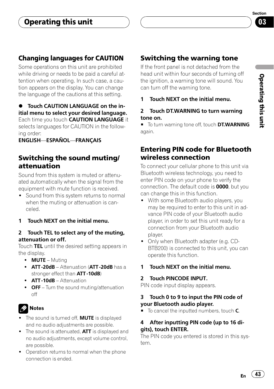 Changing languages for caution 43, Switching the sound muting, Attenuation | Switching the warning tone 43, Entering pin code for bluetooth, Wireless connection, Operating this unit, Changing languages for caution, Switching the sound muting/ attenuation, Switching the warning tone | Pioneer AVH-P5900D User Manual | Page 43 / 106