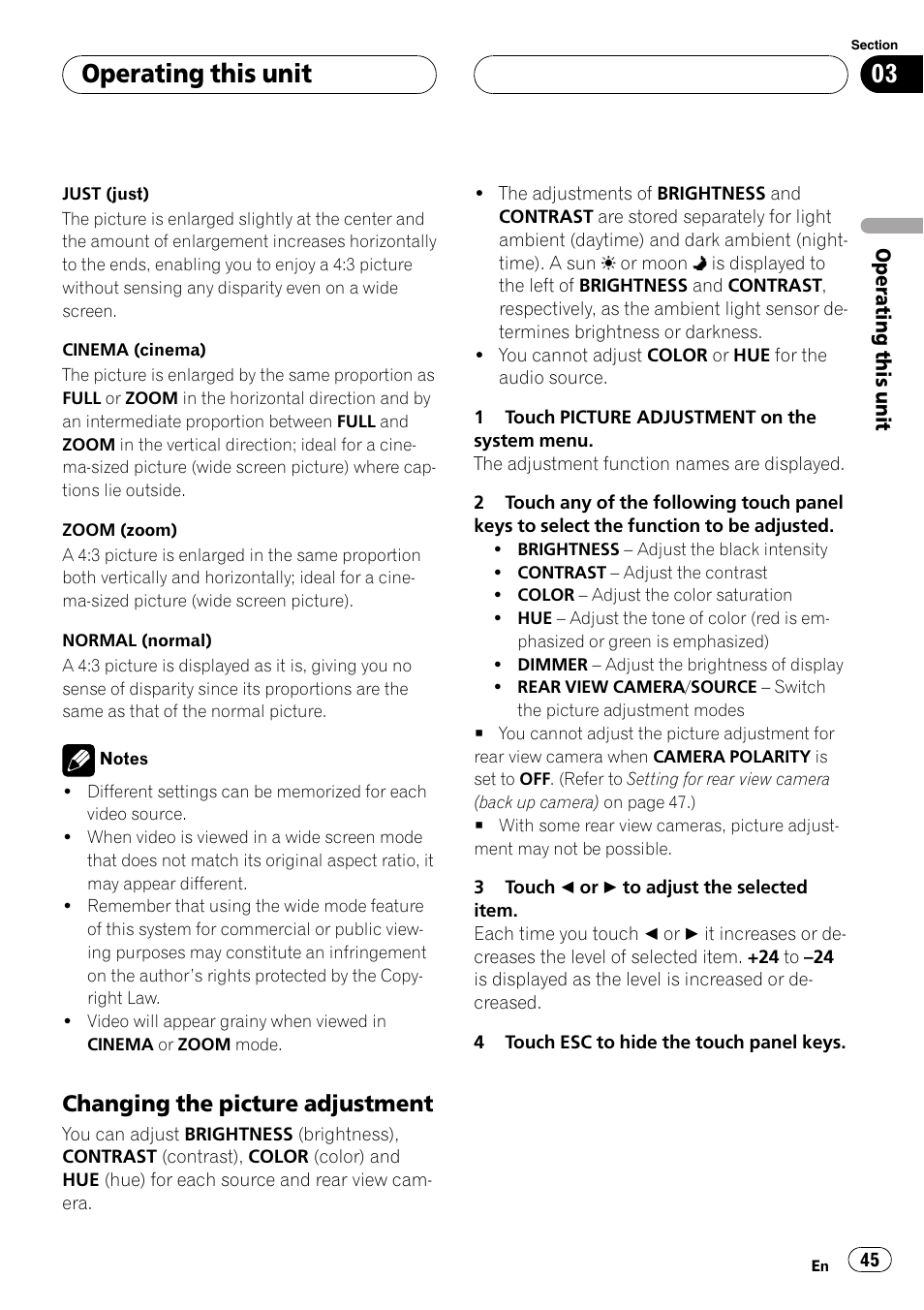 Changing the picture adjustment 45, Operating this unit, Changing the picture adjustment | Pioneer AVH-P5900D User Manual | Page 45 / 106