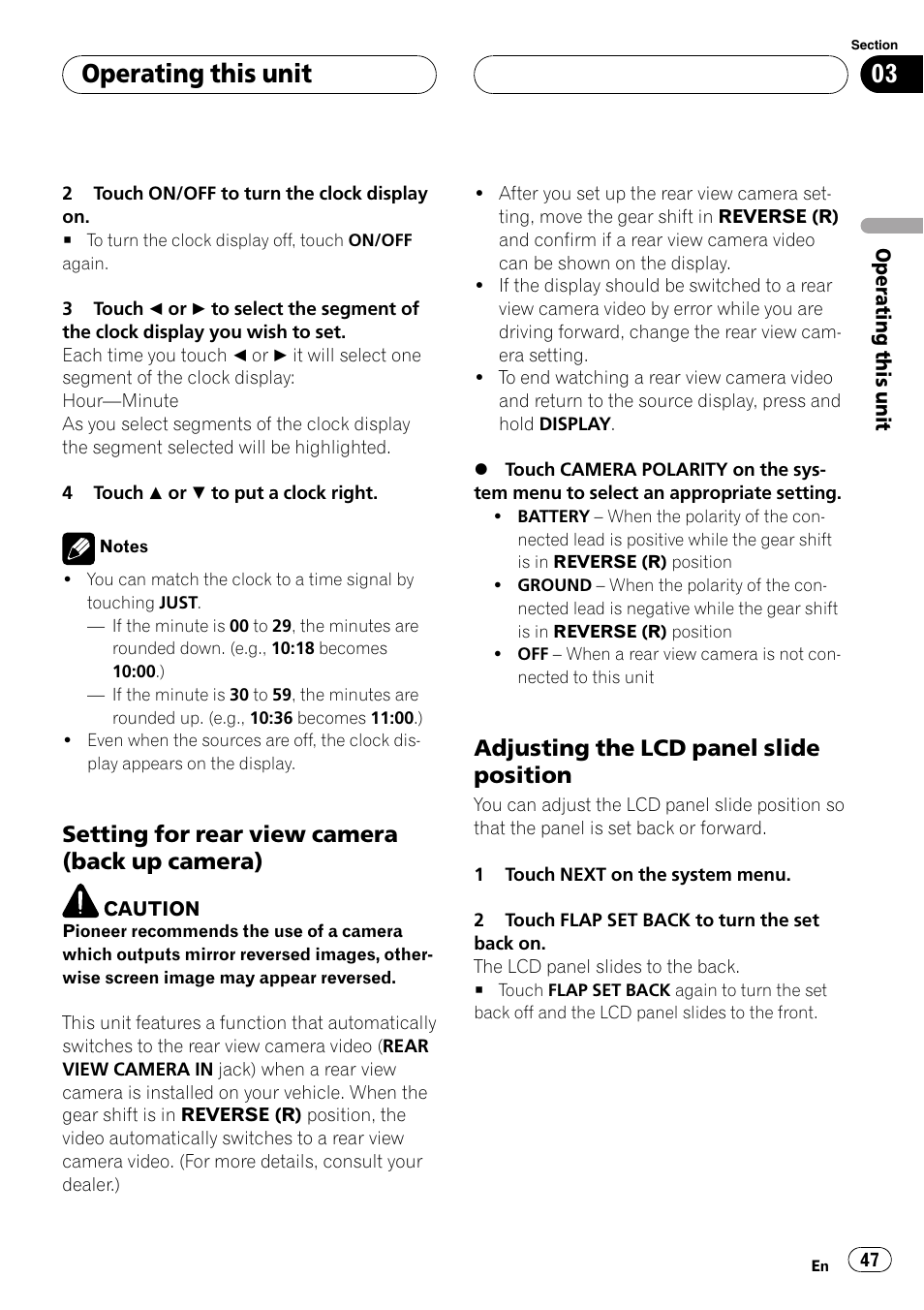 Setting for rear view camera (back up, Camera), Adjusting the lcd panel slide | Position, Operating this unit, Setting for rear view camera (back up camera), Adjusting the lcd panel slide position | Pioneer AVH-P5900D User Manual | Page 47 / 106