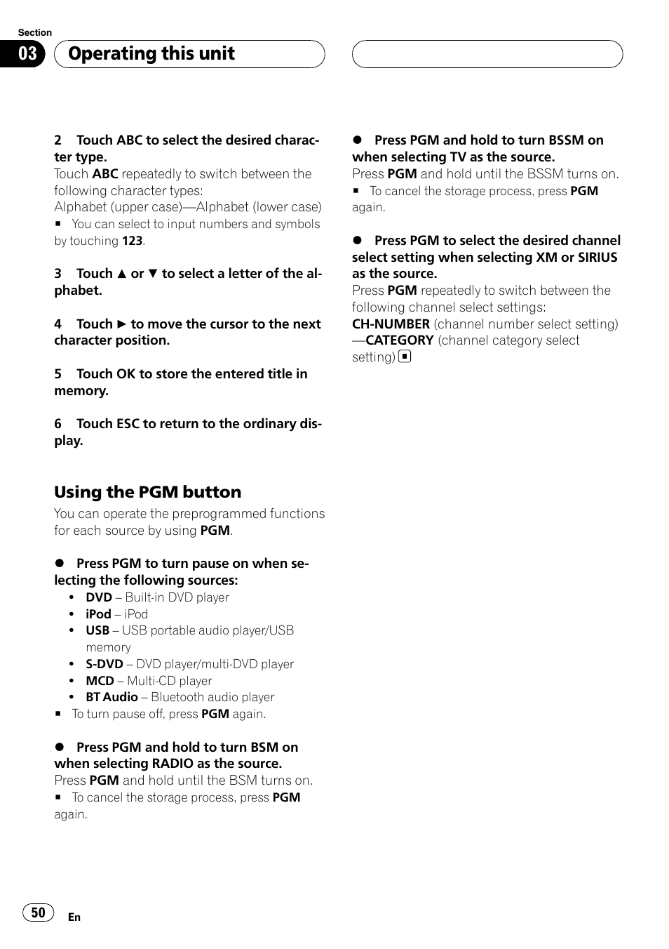 Using the pgm button 50, Operating this unit, Using the pgm button | Pioneer AVH-P5900D User Manual | Page 50 / 106