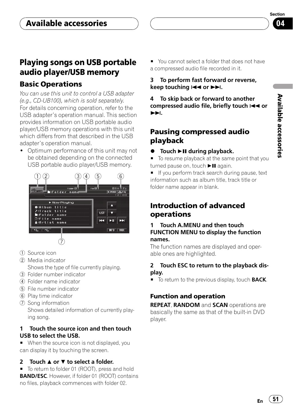 Usb memory, Basic operations 51, Pausing compressed audio | Playback, Introduction of advanced, Operations, Available accessories | Pioneer AVH-P5900D User Manual | Page 51 / 106