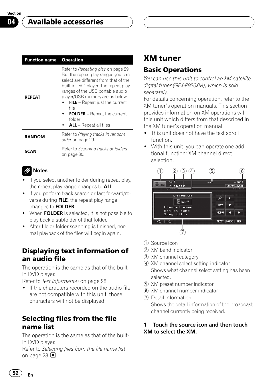 Displaying text information of an audio, File, Selecting files from the file name | List, Xm tuner, Basic operations 52, Available accessories, Displaying text information of an audio file, Selecting files from the file name list, Basic operations | Pioneer AVH-P5900D User Manual | Page 52 / 106