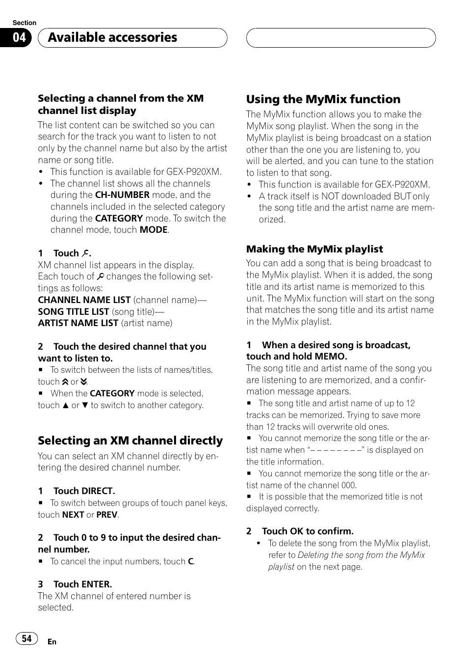 Selecting an xm channel directly 54, Using the mymix function 54, Available accessories | Selecting an xm channel directly, Using the mymix function | Pioneer AVH-P5900D User Manual | Page 54 / 106