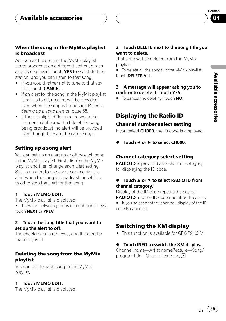 Displaying the radio id 55, Switching the xm display 55, Available accessories | Displaying the radio id, Switching the xm display | Pioneer AVH-P5900D User Manual | Page 55 / 106