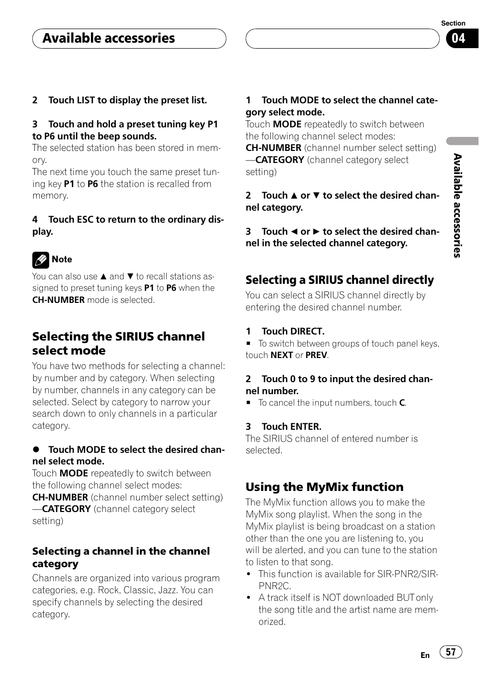 Selecting the sirius channel select, Mode, Selecting a sirius channel | Directly, Using the mymix function 57, Available accessories, Selecting the sirius channel select mode, Selecting a sirius channel directly, Using the mymix function | Pioneer AVH-P5900D User Manual | Page 57 / 106