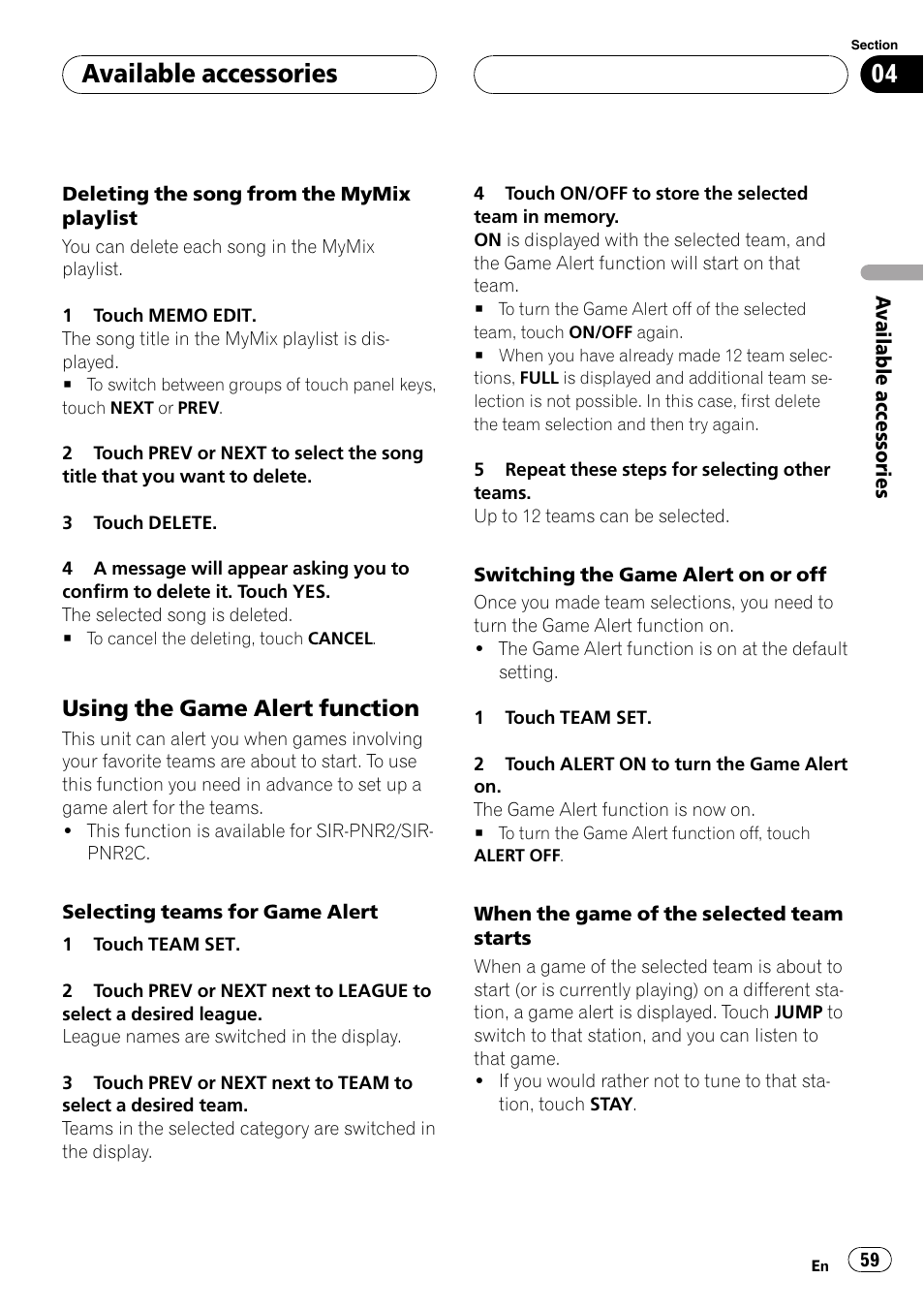 Using the game alert function 59, Available accessories, Using the game alert function | Pioneer AVH-P5900D User Manual | Page 59 / 106