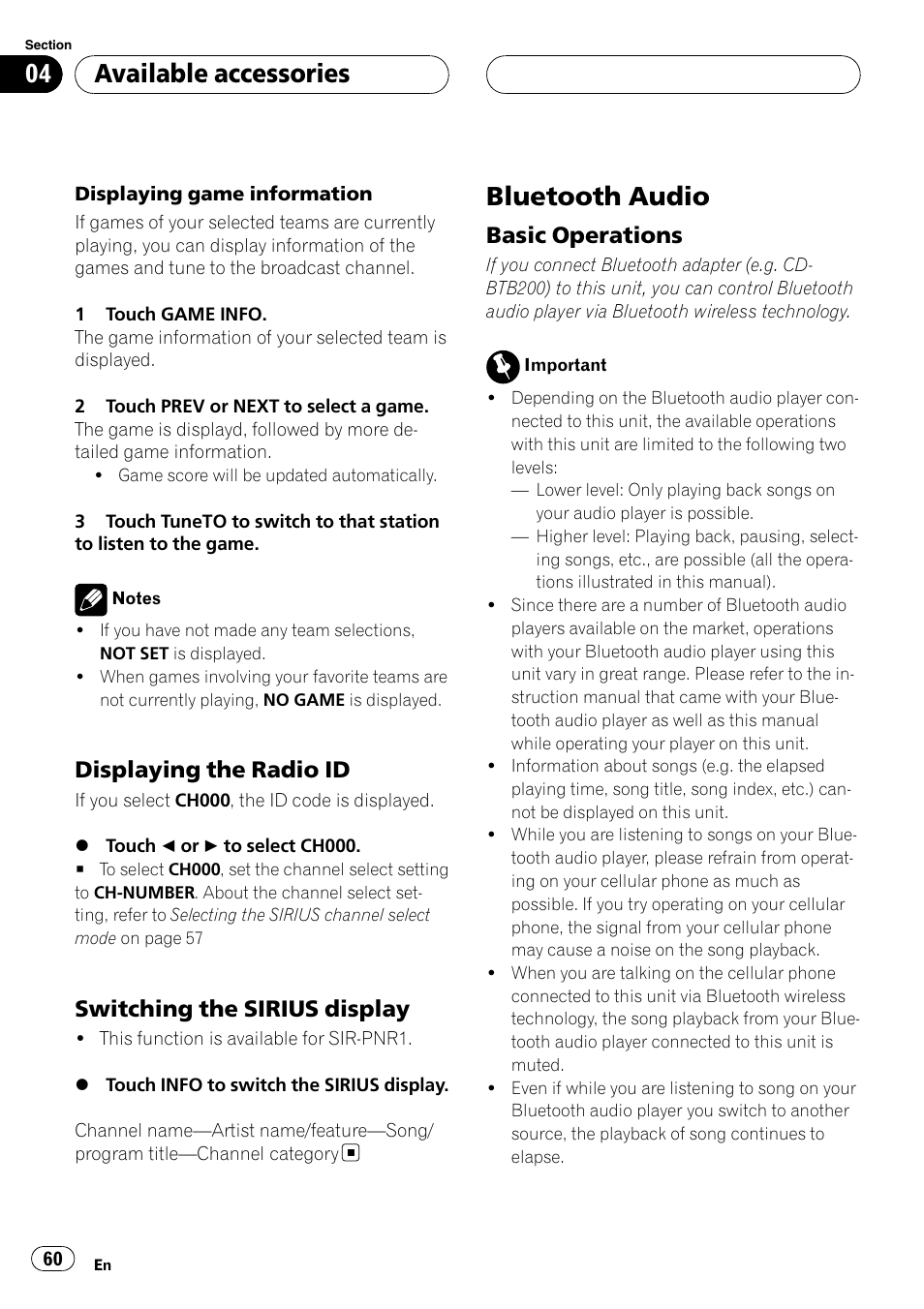 Displaying the radio id 60, Switching the sirius display 60, Bluetooth audio | Basic operations 60, Available accessories, Displaying the radio id, Switching the sirius display, Basic operations | Pioneer AVH-P5900D User Manual | Page 60 / 106