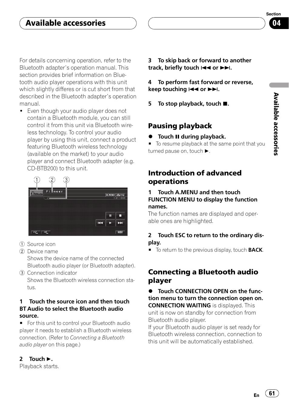 Pausing playback 61, Introduction of advanced, Operations | Connecting a bluetooth audio, Player, Available accessories | Pioneer AVH-P5900D User Manual | Page 61 / 106