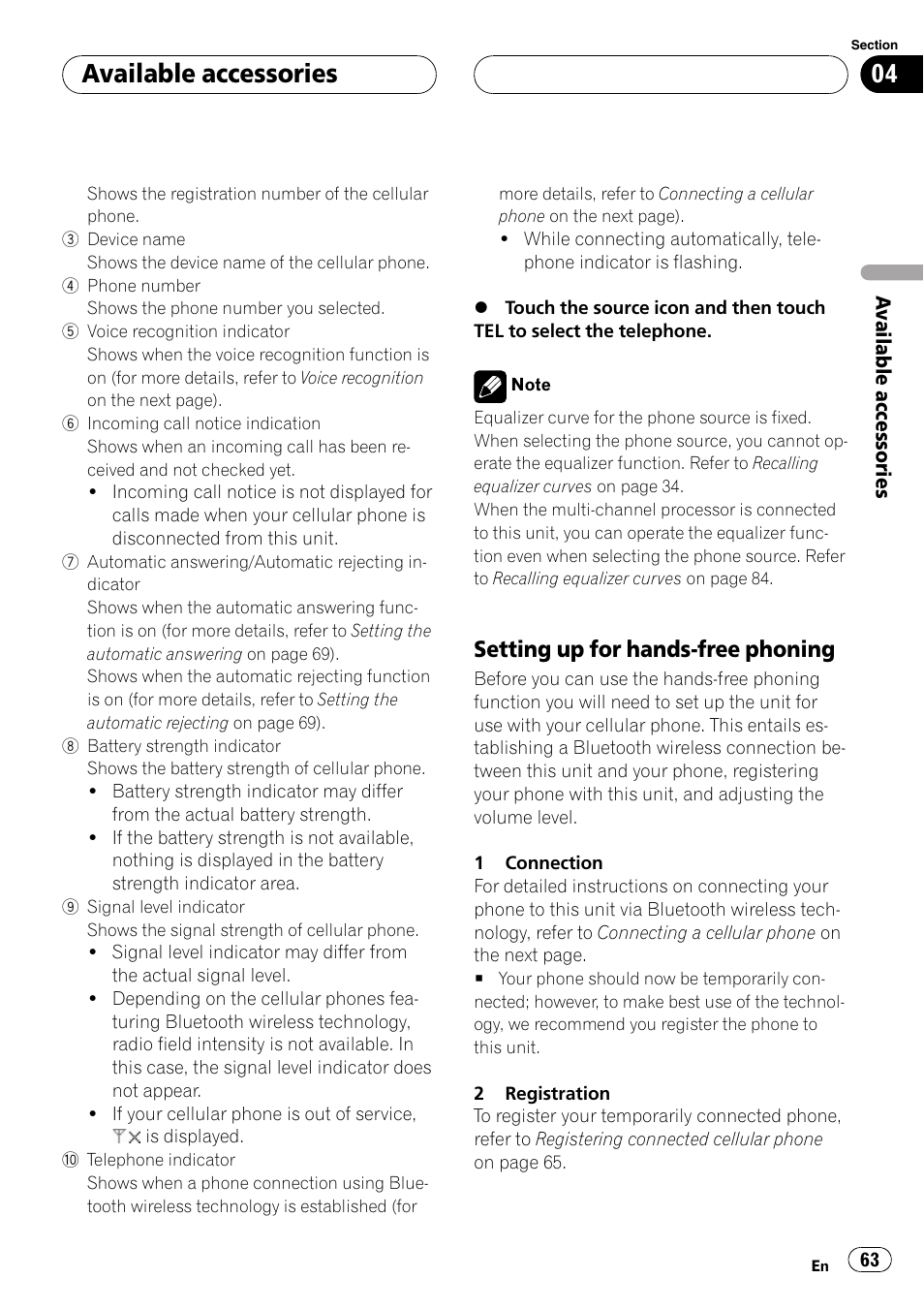 Setting up for hands-free phoning 63, Available accessories, Setting up for hands-free phoning | Pioneer AVH-P5900D User Manual | Page 63 / 106