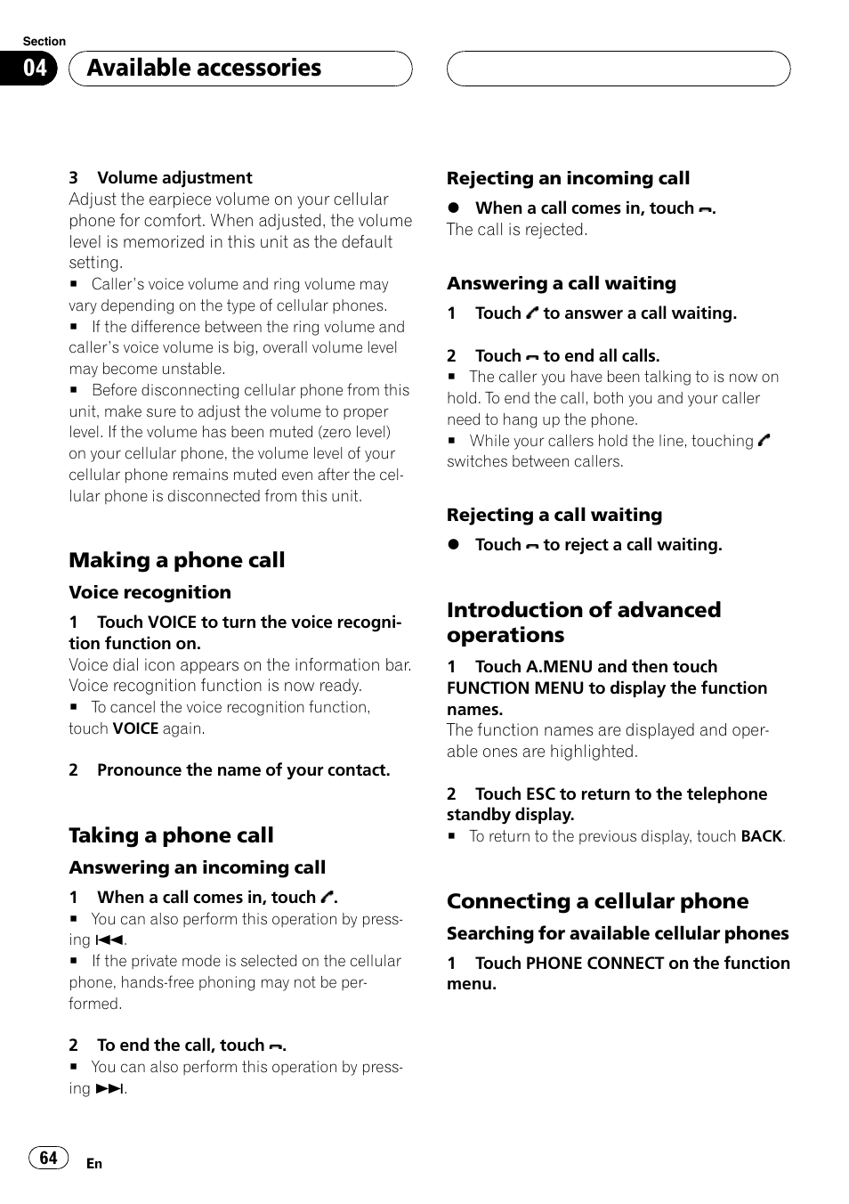Making a phone call 64, Taking a phone call 64, Introduction of advanced | Operations, Connecting a cellular phone 64, Available accessories, Making a phone call, Taking a phone call, Introduction of advanced operations, Connecting a cellular phone | Pioneer AVH-P5900D User Manual | Page 64 / 106