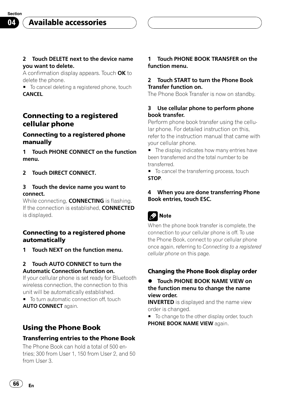 Connecting to a registered cellular, Phone, Using the phone book 66 | Available accessories, Connecting to a registered cellular phone, Using the phone book | Pioneer AVH-P5900D User Manual | Page 66 / 106