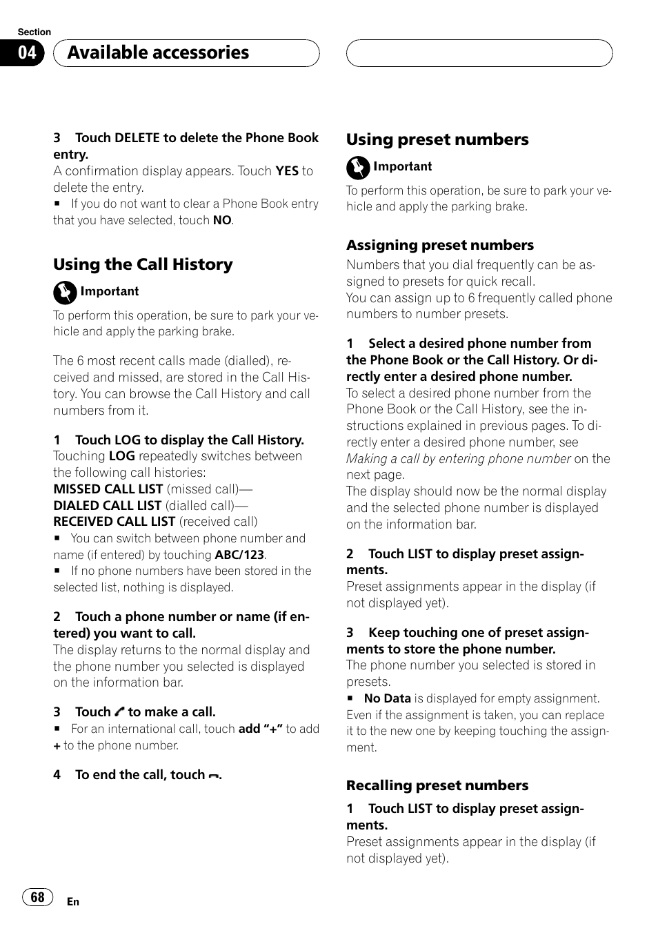 Using the call history 68, Using preset numbers 68, Available accessories | Using the call history, Using preset numbers | Pioneer AVH-P5900D User Manual | Page 68 / 106