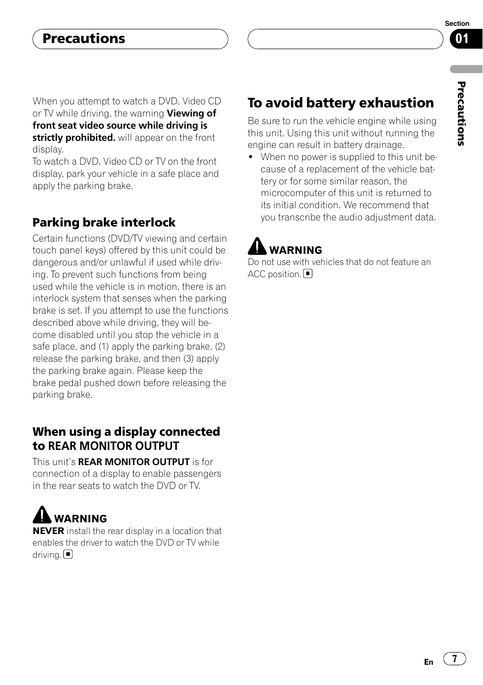 Parking brake interlock 7, When using a display connected to, Rear monitor output | To avoid battery exhaustion, Precautions | Pioneer AVH-P5900D User Manual | Page 7 / 106