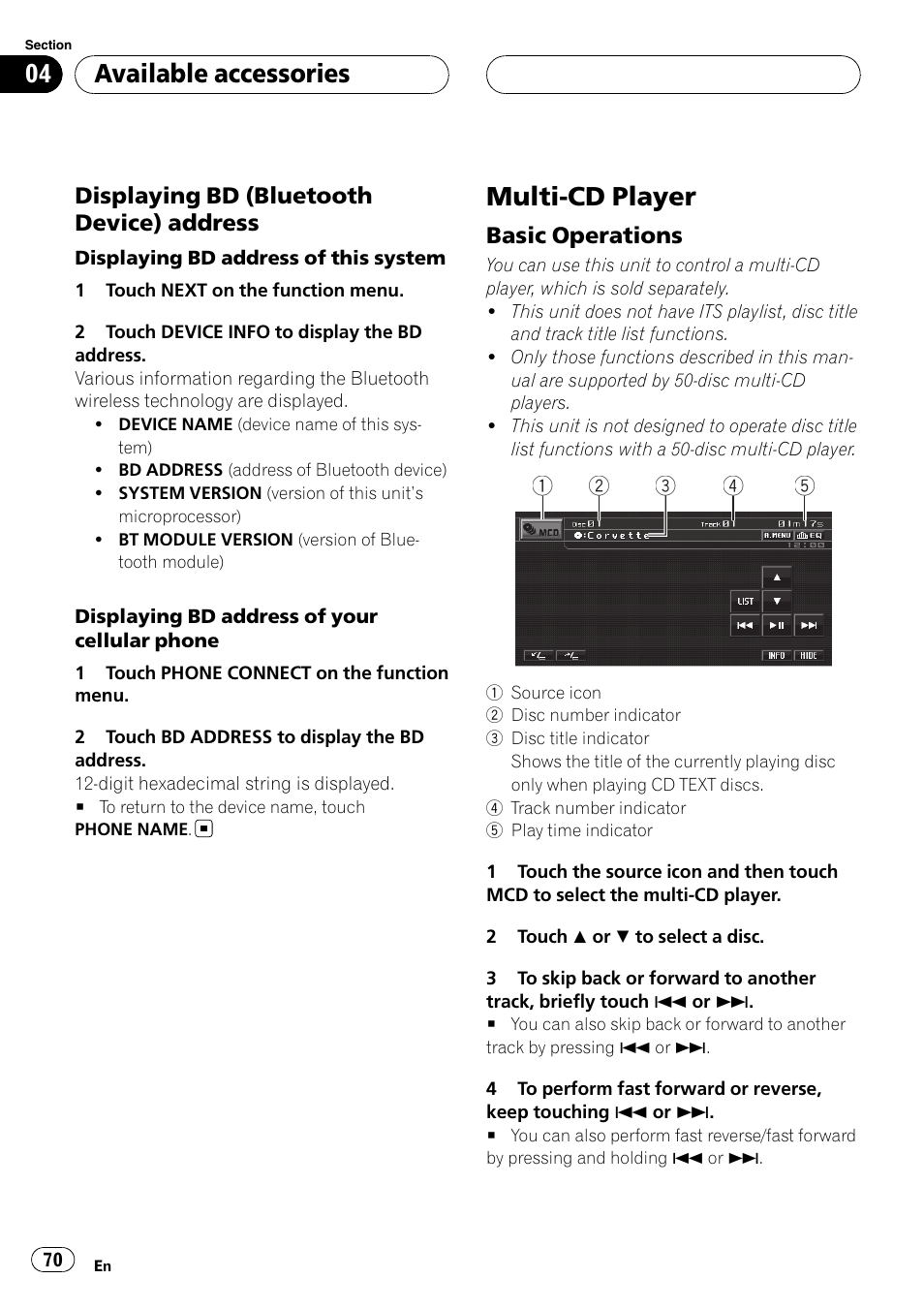 Displaying bd (bluetooth device), Address, Multi-cd player | Basic operations 70, Available accessories | Pioneer AVH-P5900D User Manual | Page 70 / 106