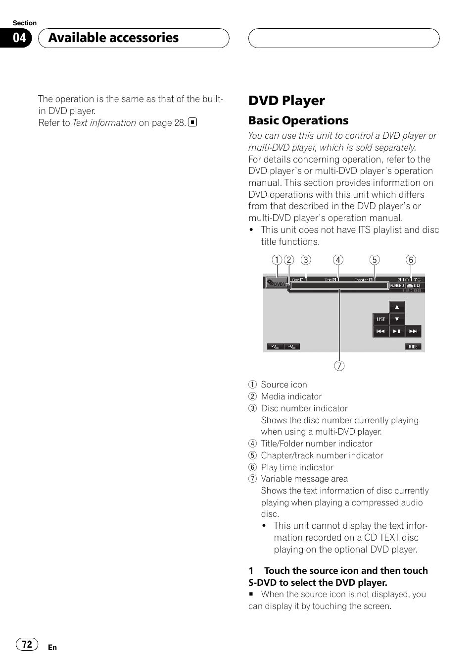 Dvd player, Basic operations 72, Available accessories | Pioneer AVH-P5900D User Manual | Page 72 / 106