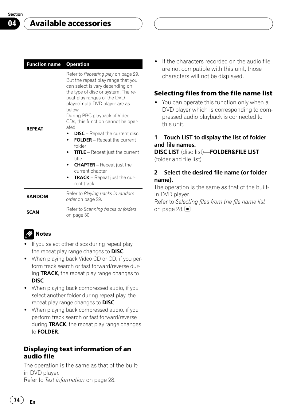 Available accessories | Pioneer AVH-P5900D User Manual | Page 74 / 106