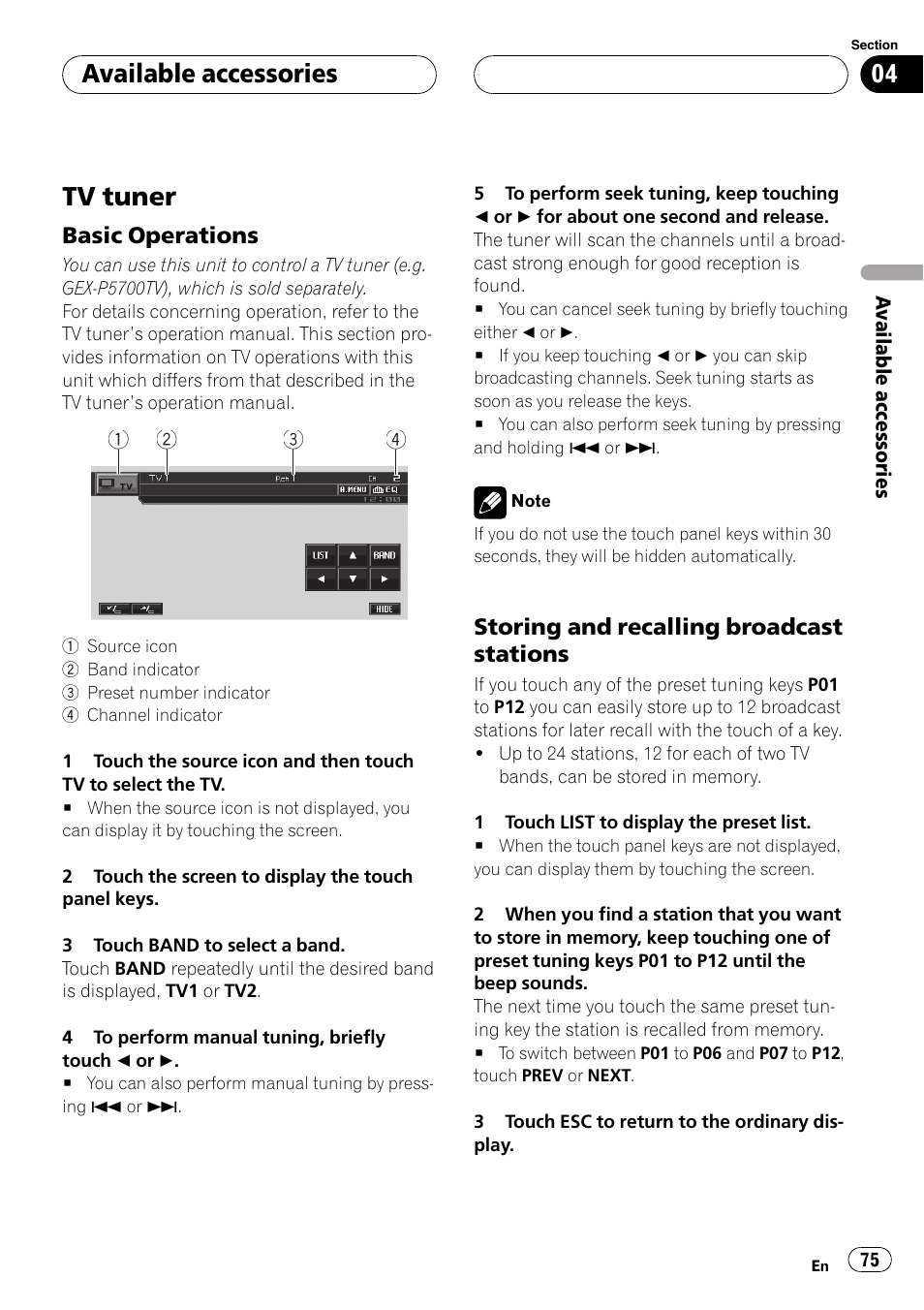 Tv tuner, Basic operations 75, Storing and recalling broadcast | Stations, Available accessories | Pioneer AVH-P5900D User Manual | Page 75 / 106