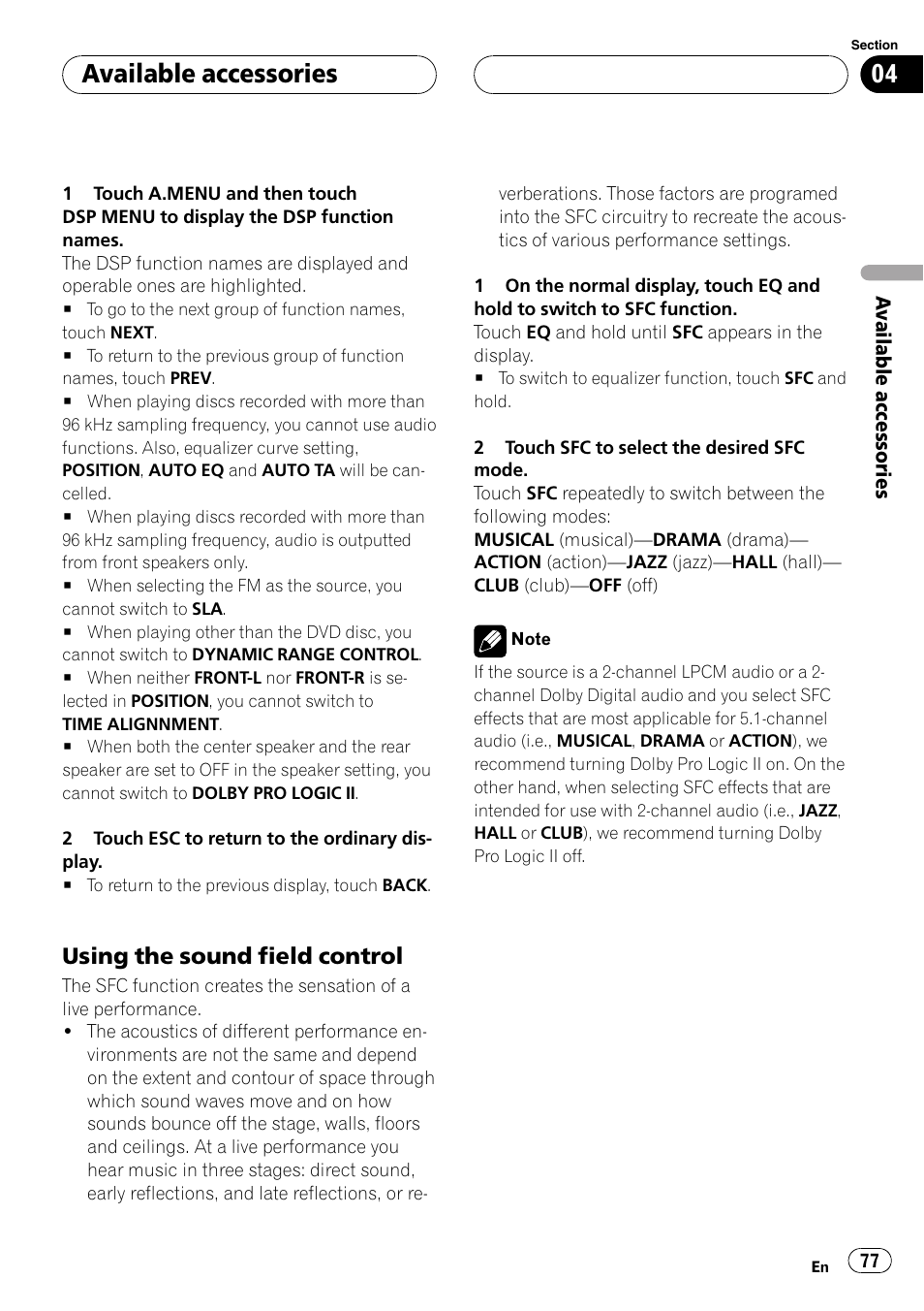 Using the sound field control 77, Available accessories, Using the sound field control | Pioneer AVH-P5900D User Manual | Page 77 / 106