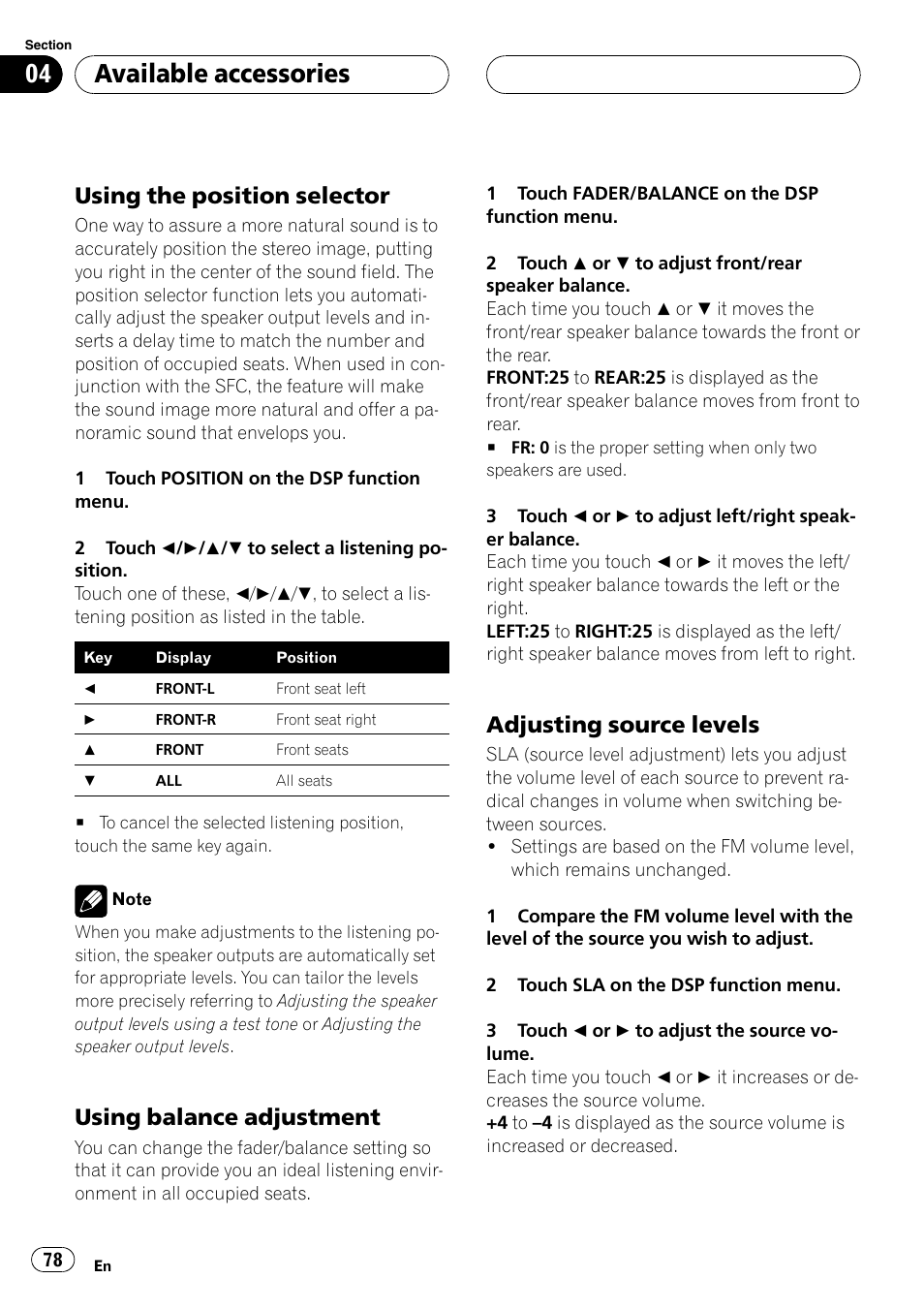 Using the position selector 78, Using balance adjustment 78, Adjusting source levels 78 | Using the position selector, Available accessories, Using balance adjustment, Adjusting source levels | Pioneer AVH-P5900D User Manual | Page 78 / 106