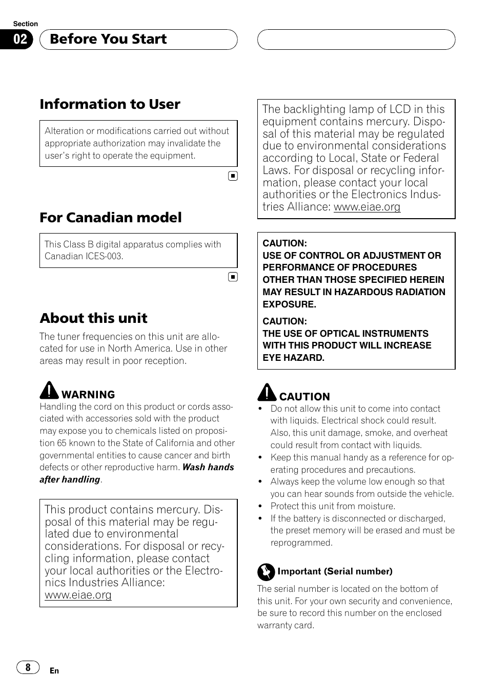 Before you start information to user, For canadian model, About this unit | Information to user, Before you start | Pioneer AVH-P5900D User Manual | Page 8 / 106