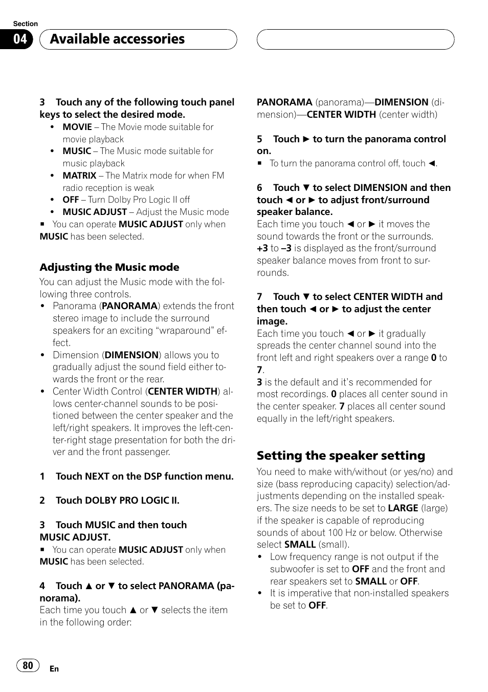 Setting the speaker setting 80, Setting the speaker setting, Available accessories | Pioneer AVH-P5900D User Manual | Page 80 / 106