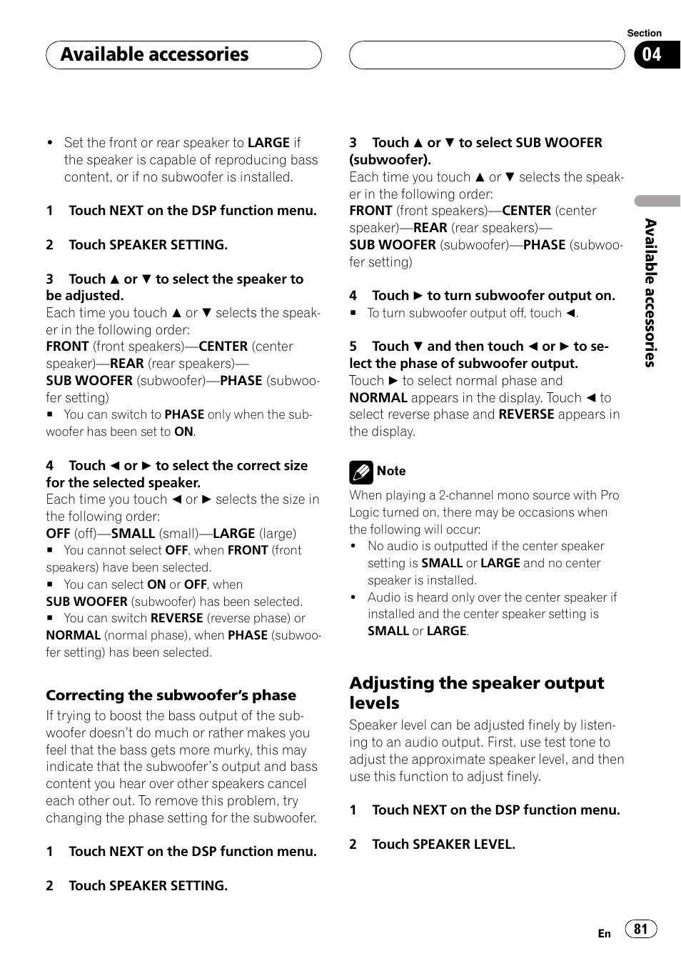 Adjusting the speaker output, Levels, Adjusting the speaker output levels | Available accessories | Pioneer AVH-P5900D User Manual | Page 81 / 106