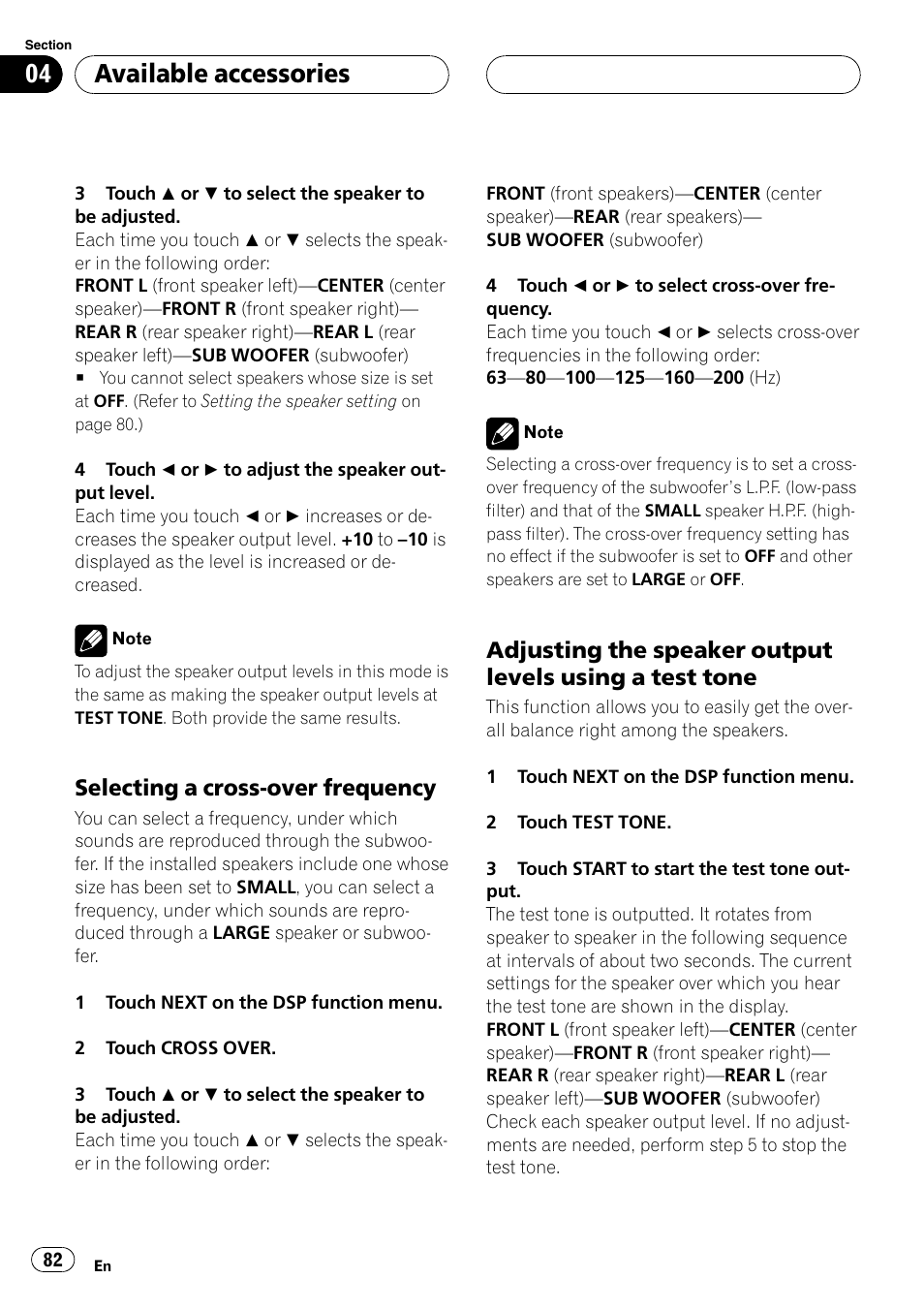 Selecting a cross-over frequency 82, Adjusting the speaker output levels, Using a test tone | Selecting a cross-over frequency, Available accessories | Pioneer AVH-P5900D User Manual | Page 82 / 106