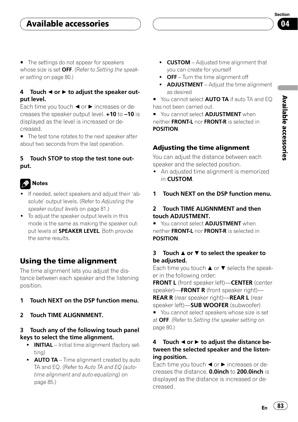 Using the time alignment 83, Adjusting the time alignment, Available accessories | Using the time alignment | Pioneer AVH-P5900D User Manual | Page 83 / 106