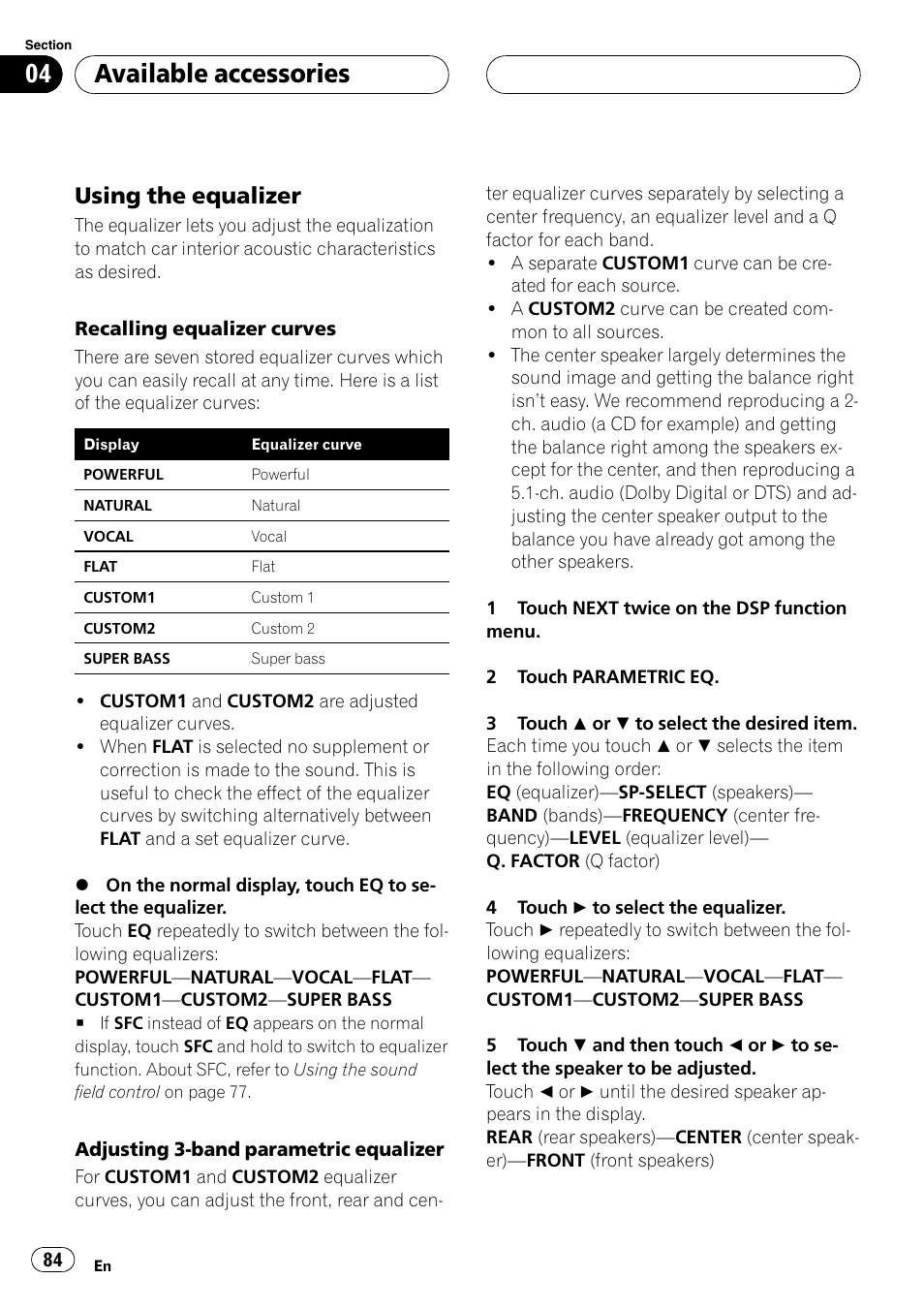 Using the equalizer 84, Adjusting 3-band parametric equalizer, Available accessories | Using the equalizer | Pioneer AVH-P5900D User Manual | Page 84 / 106