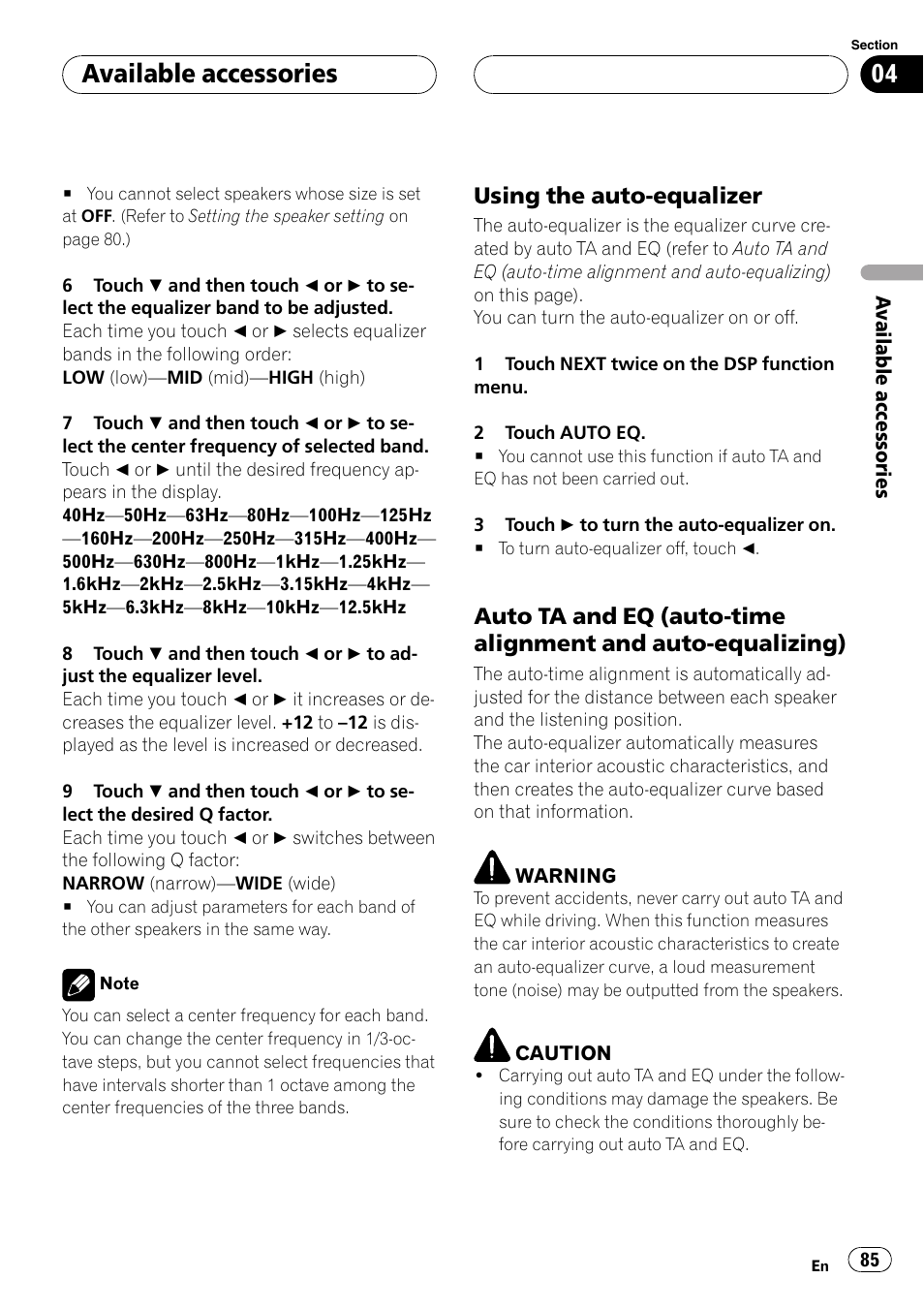 Using the auto-equalizer 85, Auto ta and eq (auto-time alignment, And auto-equalizing) | Available accessories, Using the auto-equalizer | Pioneer AVH-P5900D User Manual | Page 85 / 106