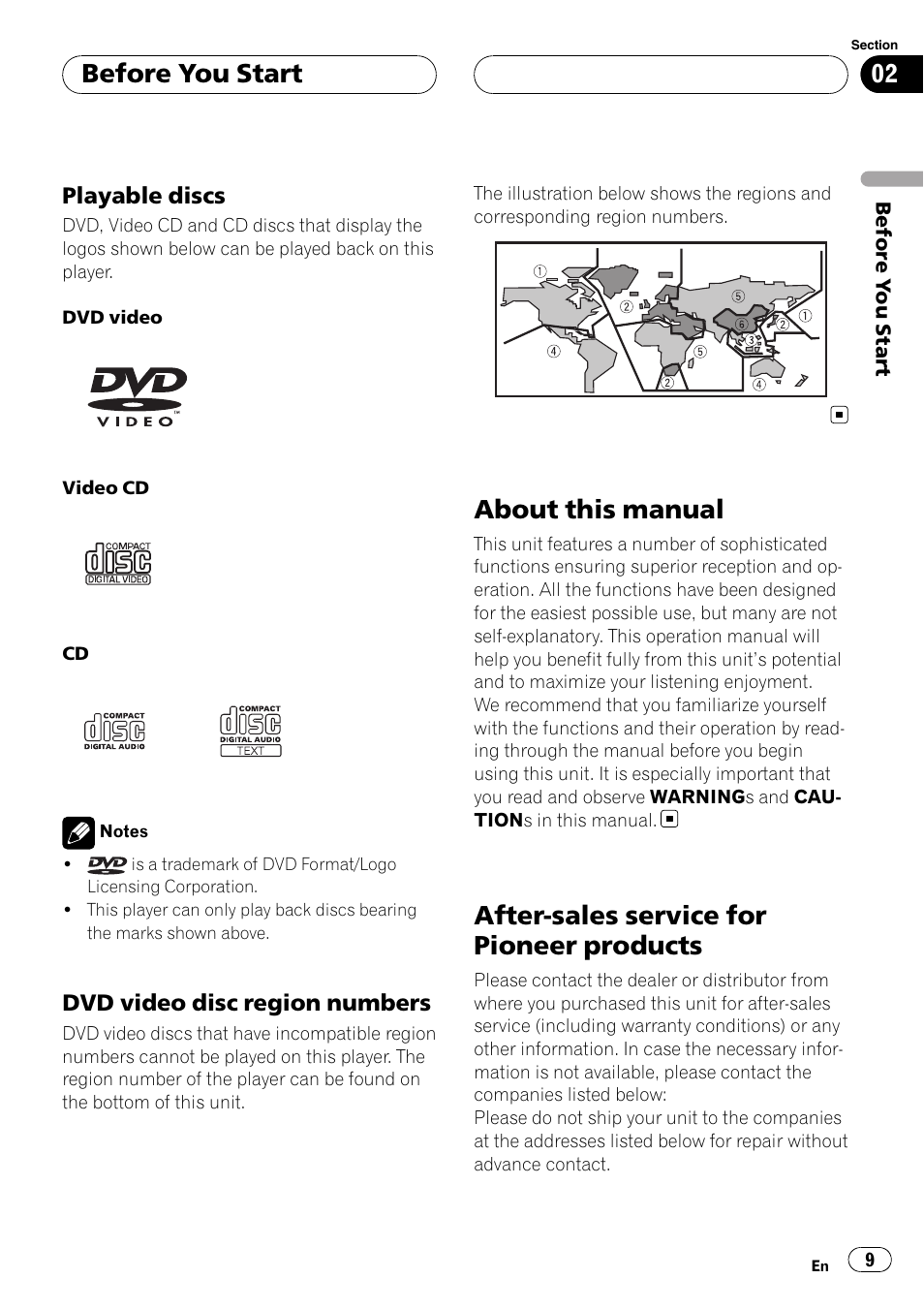 Playable discs 9, Dvd video disc region numbers 9, About this manual | After-sales service for pioneer products, Before you start | Pioneer AVH-P5900D User Manual | Page 9 / 106