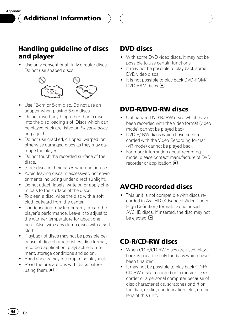 Handling guideline of discs and player, Dvd discs, Dvd-r/dvd-rw discs | Avchd recorded discs, Cd-r/cd-rw discs, Additional information | Pioneer AVH-P5900D User Manual | Page 94 / 106