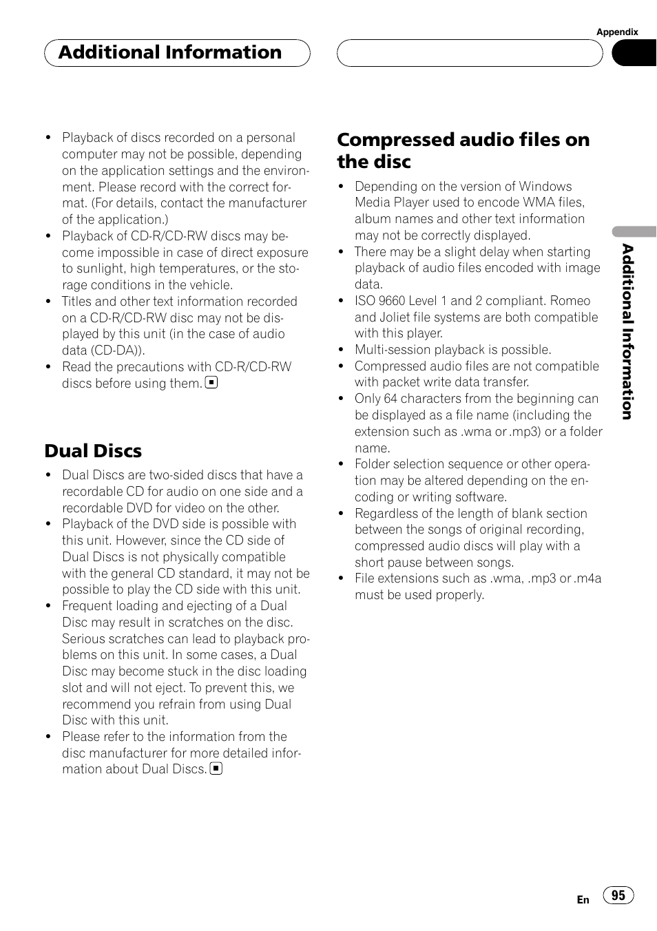 Dual discs, Compressed audio files on the disc, Additional information | Pioneer AVH-P5900D User Manual | Page 95 / 106