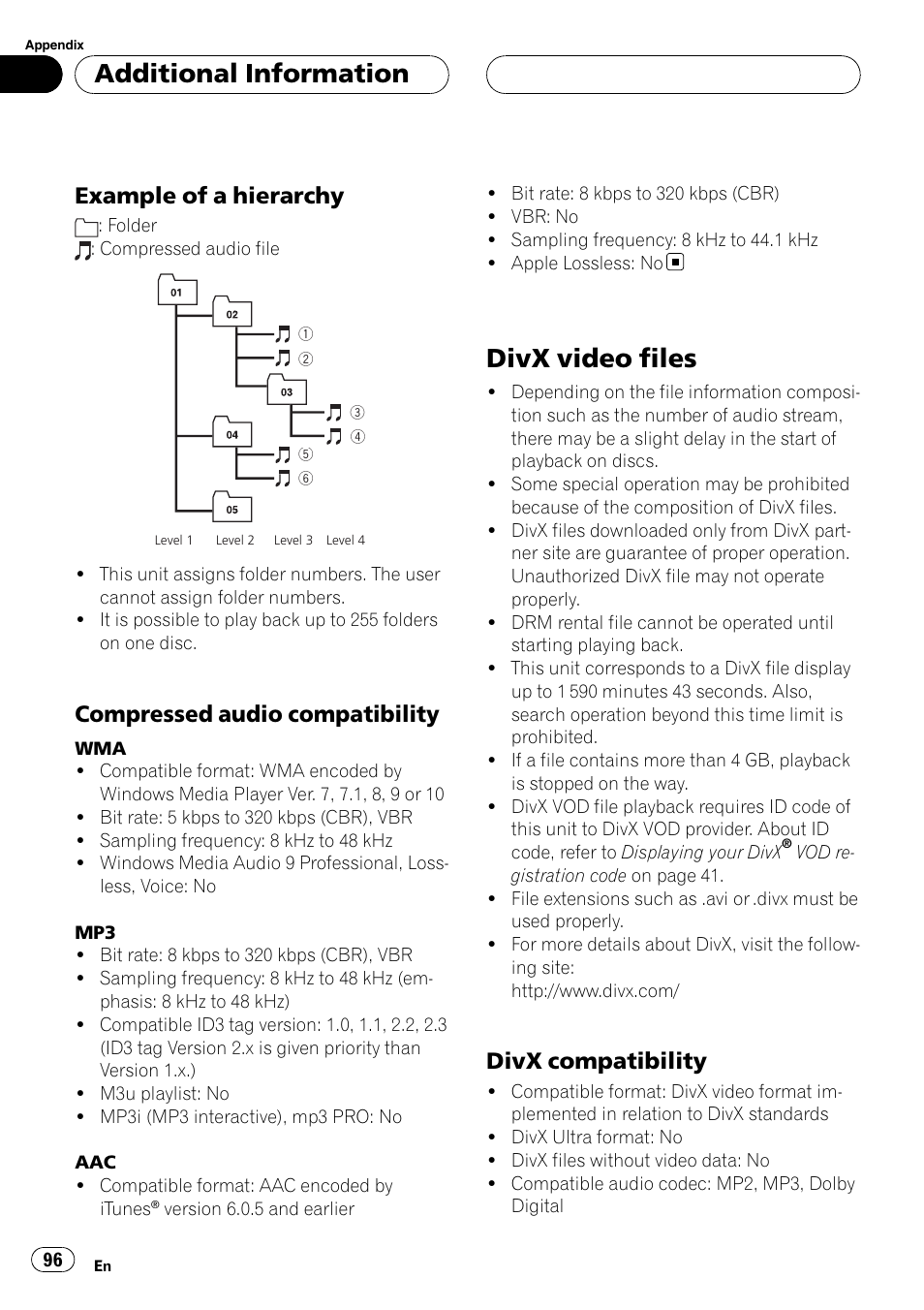 Example of a hierarchy 96, Compressed audio compatibility 96, Divx video files | Divx compatibility 96, Additional information, Example of a hierarchy, Compressed audio compatibility, Divx compatibility | Pioneer AVH-P5900D User Manual | Page 96 / 106