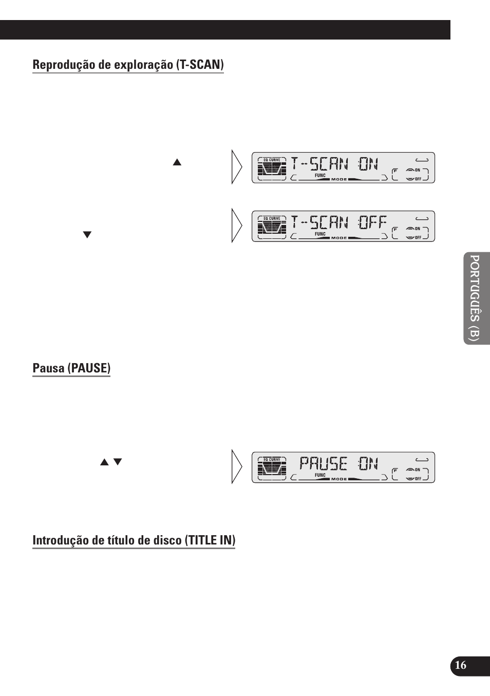 Reprodução de exploração (t-scan), Pausa (pause), Introdução de título de disco (title in) | Pioneer DEH-P4150 User Manual | Page 101 / 128