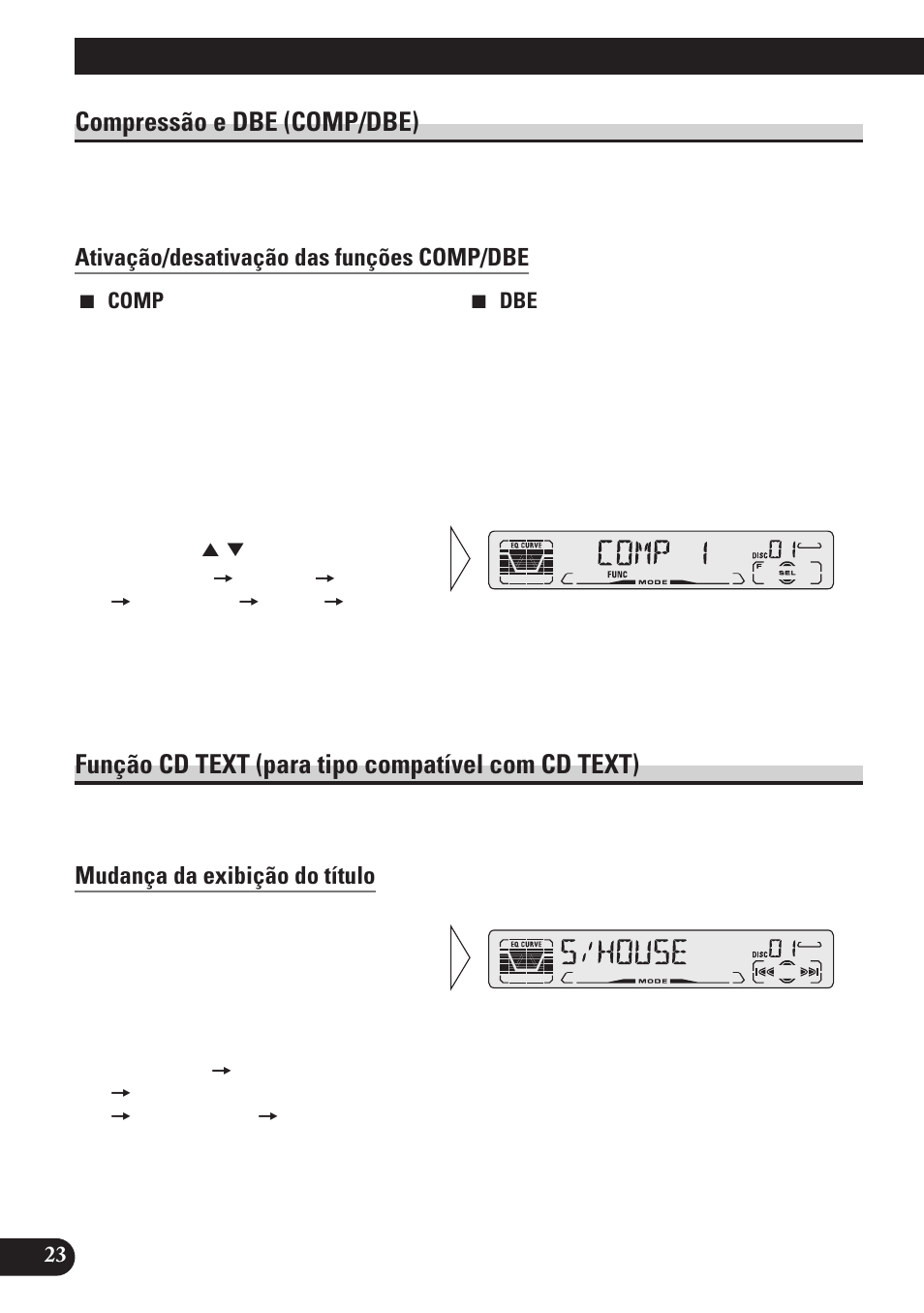 Compressão e dbe (comp/dbe), Ativação/desativação das funções comp/dbe, Função cd text (para tipo compatível | Com cd text), Mudança da exibição do título, Utilização de multi-cd players, Função cd text (para tipo compatível com cd text) | Pioneer DEH-P4150 User Manual | Page 108 / 128