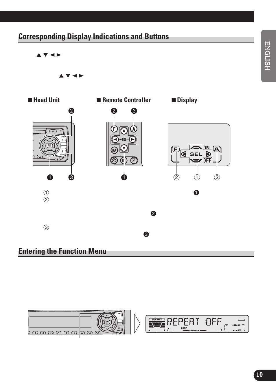Corresponding display indications and, Buttons, Entering the function menu | Corresponding display indications and buttons | Pioneer DEH-P4150 User Manual | Page 11 / 128