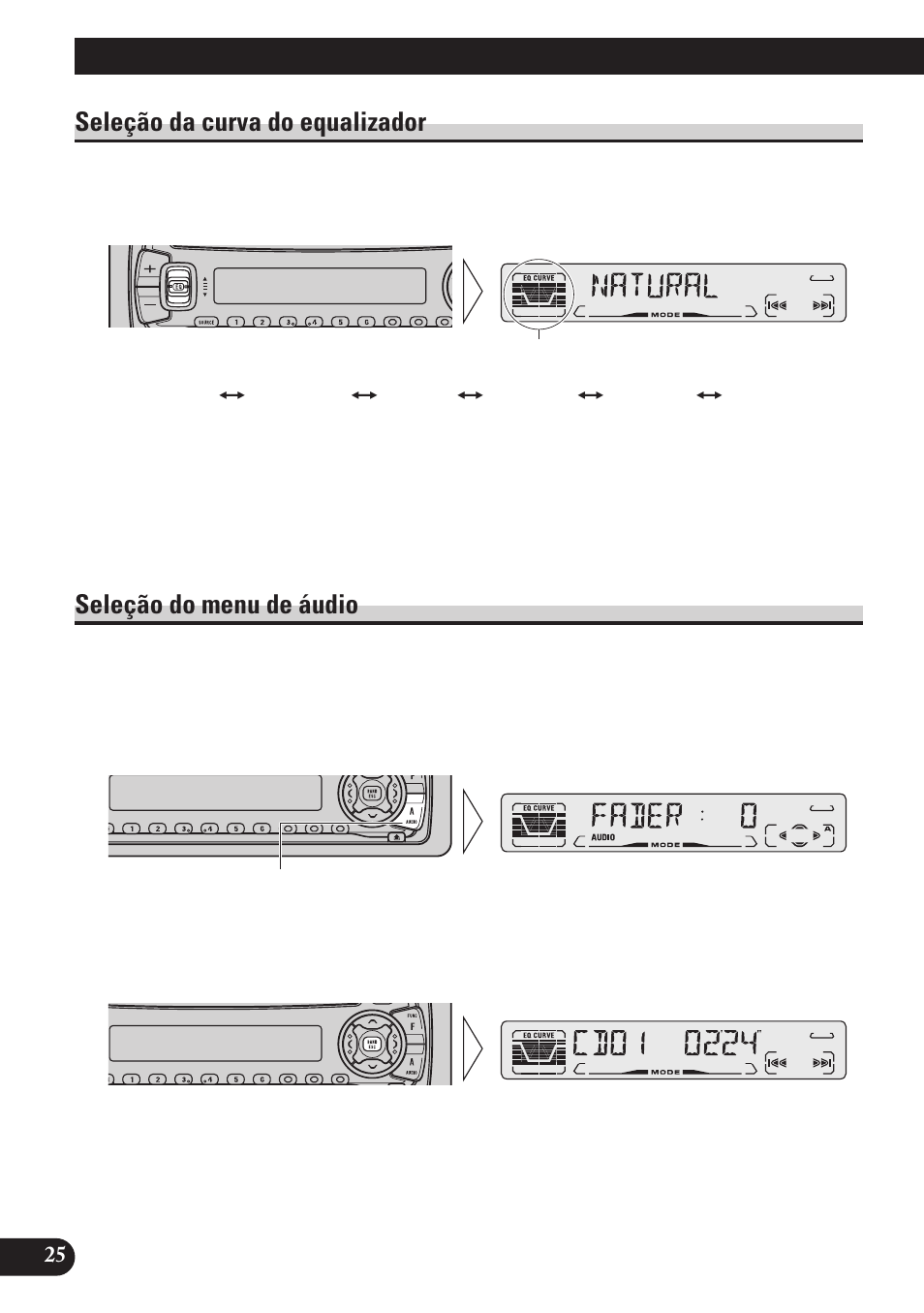 Ajuste de áudio, Seleção da curva do equalizador, Seleção do menu de áudio | Pioneer DEH-P4150 User Manual | Page 110 / 128