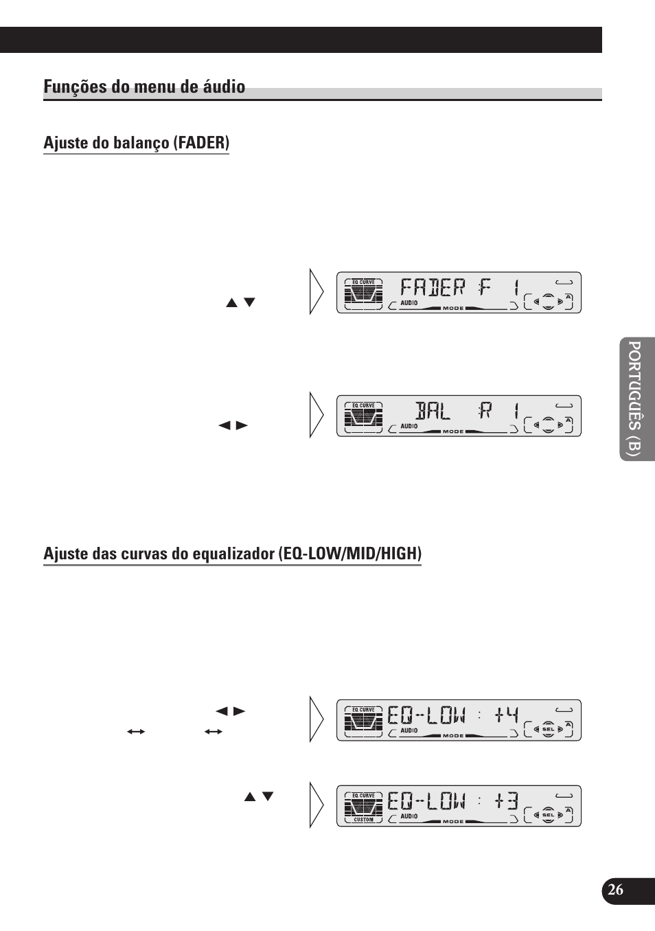 Funções do menu de áudio, Ajuste do balanço (fader), Ajuste das curvas do equalizador (eq-low/mid/high) | Pioneer DEH-P4150 User Manual | Page 111 / 128