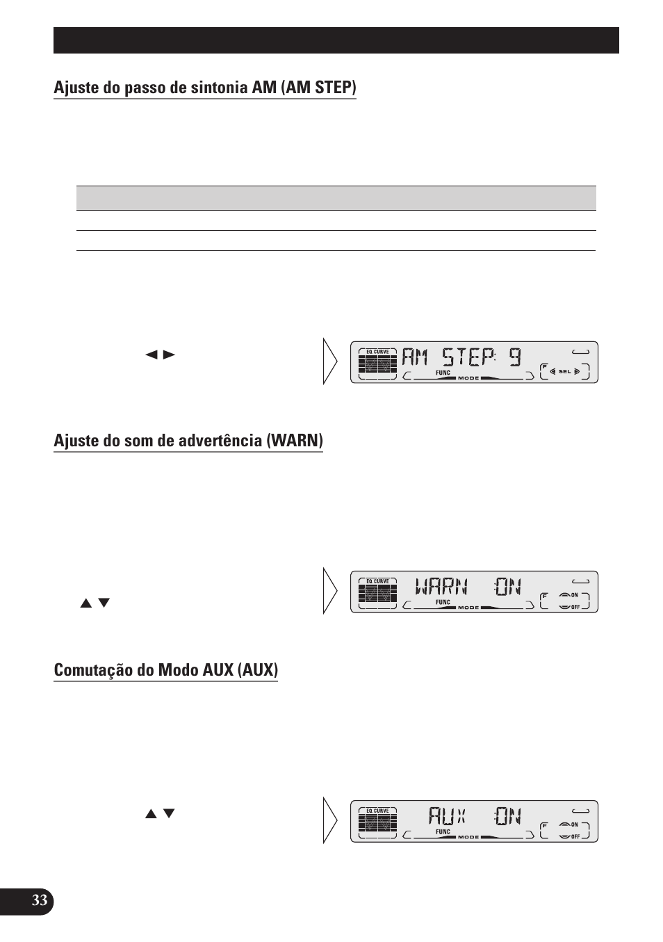 Ajuste do passo de sintonia am (am step), Ajuste do som de advertência (warn), Comutação do modo aux (aux) | Ajustes iniciais | Pioneer DEH-P4150 User Manual | Page 118 / 128